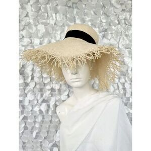 J Crew Women’s S M  FLOPPY Straw Beige Beach Sun Hat WIDE BRIM PACKABLE Fringe